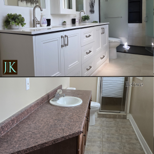 Before and after image of renovated family bathroom with custom cabinets and modern fixtures