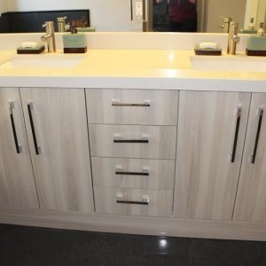   Modern High Gloss Double Sink Vanity With Off White Quartz Countertop North York