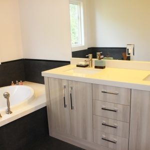   Modern High Gloss Double Sink Vanity Quartz Countertop With Quiet Close Hinges North York