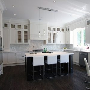 Custom designed kitchen. Double stack kitchen. Painted MDF kitchen with solid wood stained island. Built in appliances. Richmond hill 2015