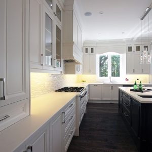 Off white beautiful kitchen designed and built by Joseph kitchen. Pantry on the counter top to maximize the storage space. Under cabinet light. Blum quiet close hinges. Richmond Hill 2015