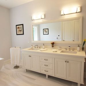   Custom Made Double Sink Modern Off White Painted Mdf Flat Doors Quartz Counter Top