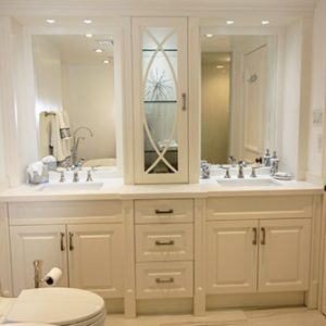 Bathroom renovation. Custom made high end vanity Double Sink from Bosco. Painted Off White cabinets doors. Modern white Quartz Counter Top. Designed and built by JK North York 2014.