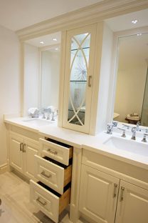Custom made double sink vanity. Luxury high end painted off white vanity.Solid wood drawers with European hardware. Designed and built by JK. North York 2014.