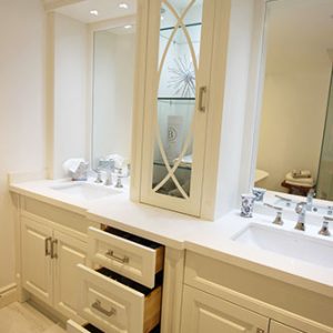 Custom made double sink vanity. Luxury high end painted off white vanity.Solid wood drawers with European hardware. Designed and built by JK. North York 2014.