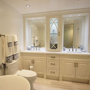 Bathroom Renovation Double Square Sink Vanity Tower In The Center Riser And Crown Molding. Free stand tub. Fully renovated by JK North York 2014