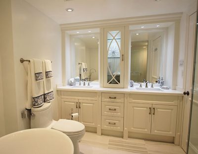 Bathroom Renovation Double Square Sink Vanity Tower In The Center Riser And Crown Molding. Free stand tub. Fully renovated by JK North York 2014