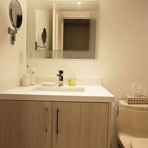  Modern Single Vanity. Semi Gloss Doors. Quartz Counter Top