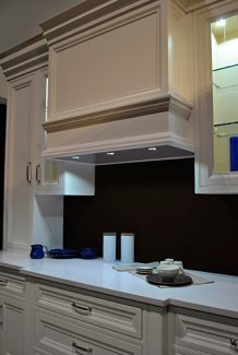 White Painted Maple Wood Mantel Hood And White Quartz Counter top. Designed and built by Joseph kitchen cabinet. Toronto