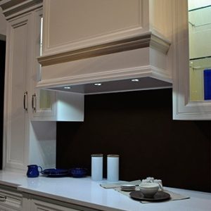 White Painted Maple Wood Mantel Hood And White Quartz Counter top. Designed and built by Joseph kitchen cabinet. Toronto