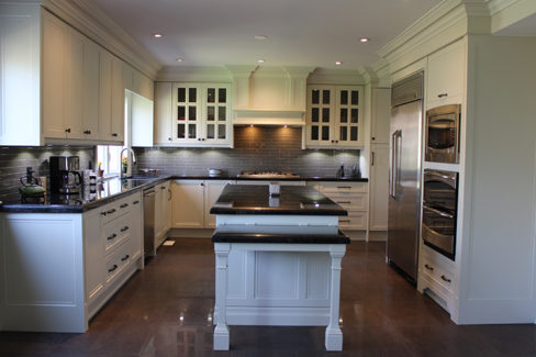   Transitional Painted Kitchen With Flat Panel Doors