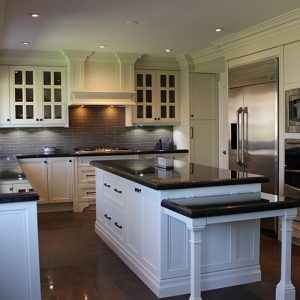   Transitional Painted Kitchen With Built In Fridge Microwave And Double Oven
