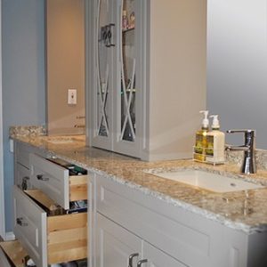   Custom Made Double Sink Vanity Dovetail Drawers And Quartz Countertop