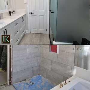 Before and after image of minimalist bathroom renovation with custom vanity and glass shower