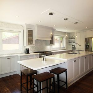 Kitchen Renovation. Off white Kitchen Painted MDF doors. Large extended island. Designed and built by JK- Thornhill 2016