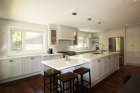 Kitchen Renovation. Off white Kitchen Painted MDF doors. Large extended island. Designed and built by JK- Thornhill 2016