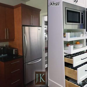 modern built in pull outs soft close glass drawers before after photo