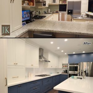 kitchen remodeling toronto white blue design white quartz countertop before after