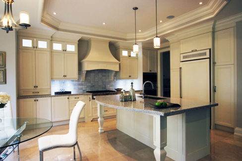  Classic Kitchen Painted Curved Island Built In Canopy Hood Range Quartz Counter Top