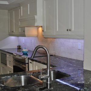 Full kitchen renovation by Joseph kitchen. Dark Granite Counter top. Built in microwave in base cabinet. North York 2014