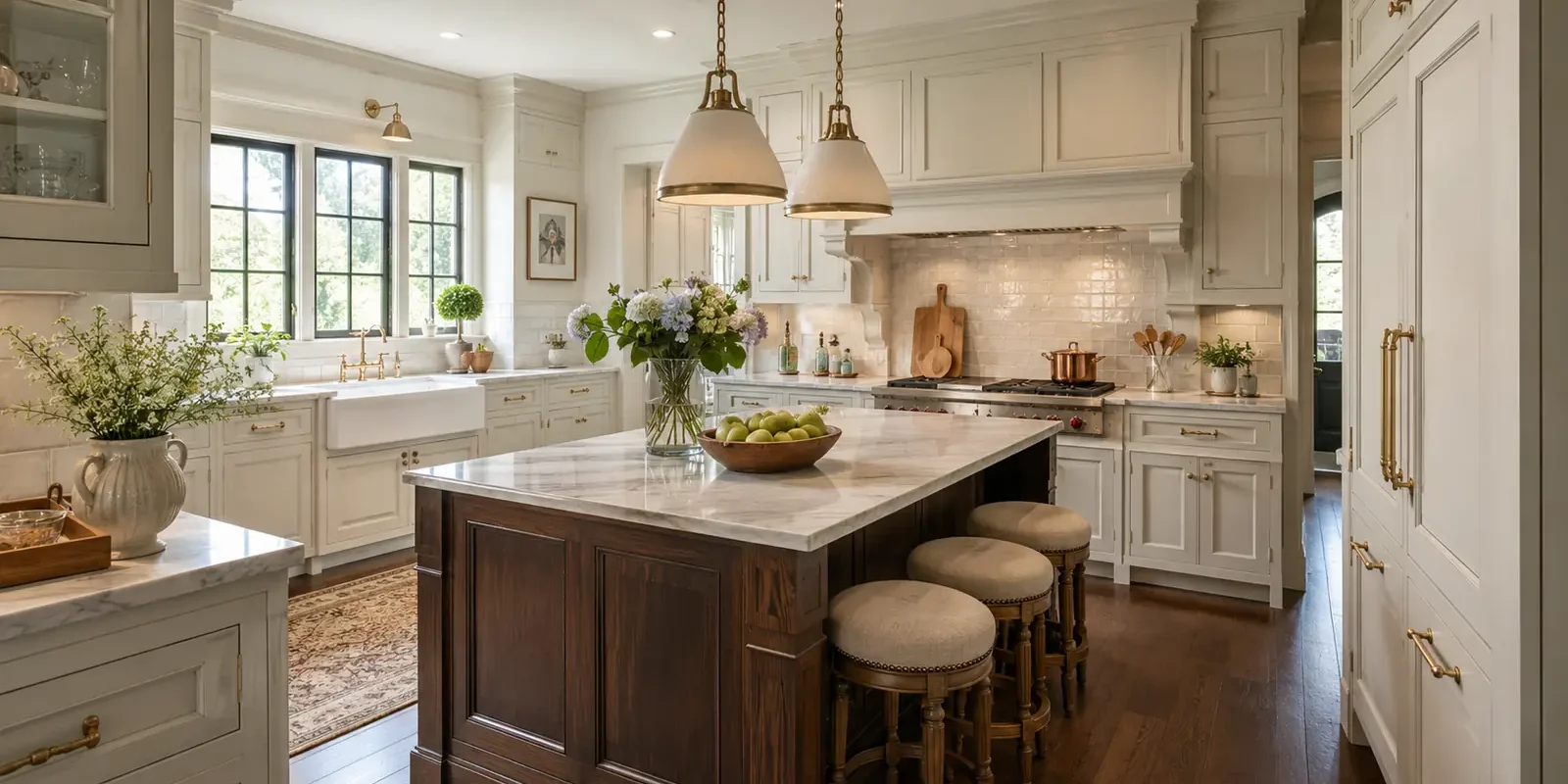 Amazing Traditional Kitchen Elegant traditional kitchen with cream custom cabinetry, a dark wood island, marble countertop, brass hardware, pendant lights, farmhouse sink, and warm natural daylight.