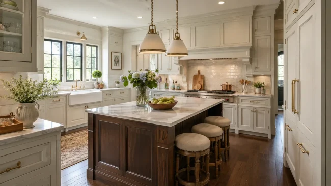 Amazing Traditional Kitchen Elegant traditional kitchen with cream custom cabinetry, a dark wood island, marble countertop, brass hardware, pendant lights, farmhouse sink, and warm natural daylight.