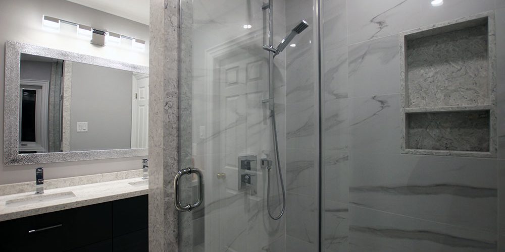 Bathroom renovation. Modern high gloss vanity. White and gray bathroom. Designed and built by JK and bath. Sep. 2018 North York. Bathroom renovation. Modern high gloss vanity. White and gray bathroom. Designed and built by JK and bath. Sep. 2018 North York.