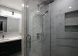 Bathroom renovation. Modern high gloss vanity. White and gray bathroom. Designed and built by JK and bath. Sep. 2018 North York.