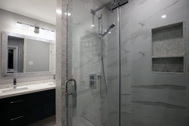 Bathroom renovation. Modern high gloss vanity. White and gray bathroom. Designed and built by JK and bath. Sep. 2018 North York. Bathroom renovation. Modern high gloss vanity. White and gray bathroom. Designed and built by JK and bath. Sep. 2018 North York.