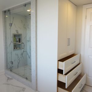 Bathroom organizer solid wood drawers for towels Design by Joseph Kitchen