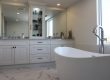 Bathroom remodeling Toronto. Custom made off white painted MDF, double sink vanity. Medicene box. Quartz countertop. Porcelaine floor. Design and whole renovation by JK.