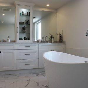 Bathroom total renovation double sink painted high end vanity design and built by Joseph Kitchen Toronto 2019