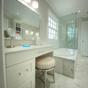 Bathroom renovation in Toronto. Beautiful dressing table. Painted MDF.