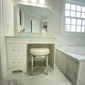 Bathroom renovation in Whitby. Dressing talbe in the bathroom area. By Joseph Kitchena and Bath