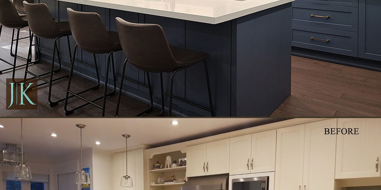 Before and After Blue white painted MDF Kitchen Toronto by JK