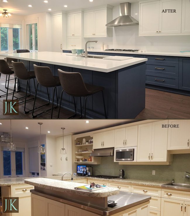Before and After Blue white painted MDF Kitchen Toronto by JK
