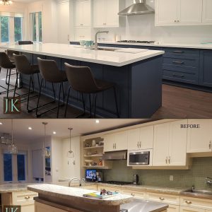 Before and After Blue & white painted MDF Kitchen Toronto by JK