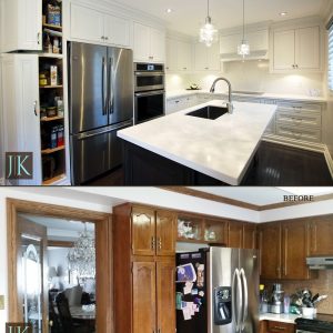 Before and After Face framed costom made cabinets. Full renovatio,design and build by JK Toronto