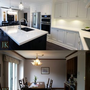 Before and After Face framed costom made cabinets. Quartz countertop. Custom made hutch in dining area. Full renovatio,design and build by JK Toronto