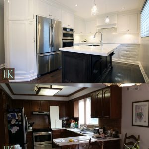 Before and After Face framed costom made cabinets. Quartz countertop. Full renovatio,design and build by JK Toronto