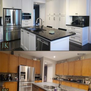 Before and After Full kitchen remodeling. Double stacked painted MDF cabinets. U shape kitchen and large island. Design and build by JK Richmond Hill