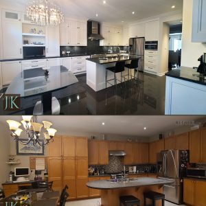 Before and After Full kitchen remodeling. Double stacked painted MDF cabinets. U shape kitchen and large island. Wallunit in breakfast area. Design and build by JK Richmond Hill