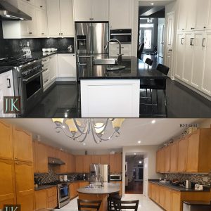 Before and After Full kitchen remodeling. Double stacked painted MDF cabinets. White and black kitchen. Design and build by JK Richmond Hill