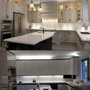 Before and After Glazed kitchen. Solid wood glazed cabinets and stained island. Double stacked wall cabinets. Quartz countertop. Design and build by JK North York
