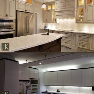 Before and After Glazed kitchen. Solid wood glazed cabinets and stained island. Quartz countertop. Design and build by JK North York