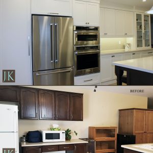 Before and After Kitchen remodeling. Painted MDF cabinets.Toronto design and build by JK