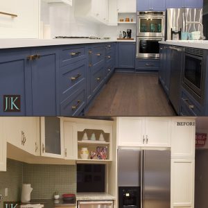 Before and After Painted MDF Blue & white Kitchen Toronto design and build by JK