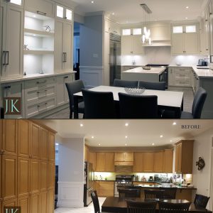 Before and After Transitional painted mdf off white kitchen tall ceilling double stacked cabinet. Design and Build by JK