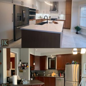 Before and After Two tone modern kitchen white oak & painted mdf. Desing and build by JK Mississauga