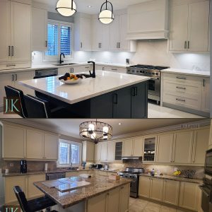 Before and painted MDF kitchen renovaiton. Two tone kitchen Richmond Hill Desing and build by JK